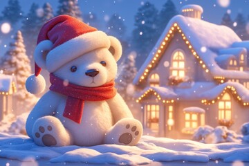 A cute little bear wearing a Santa Claus hat in a snowy winter scene, next to an adorable cottage illuminated with Christmas lights and a decorated lush tree