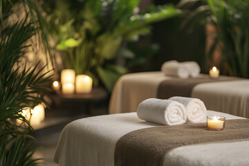 A serene spa setting with massage beds, candles, and green plants. The room is well-lit by soft sunlight coming through the window.
