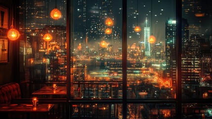 Wall Mural - A nighttime cityscape captured through the glass of a cafe window, with warm indoor lights contrasting against the cool city lights outside