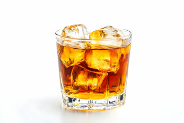 Classic whiskey cocktail with ice, served on a white background