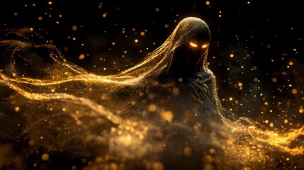 Wall Mural - glowing flying ghost surrounded by flying golden particles. halloween, spooky season.