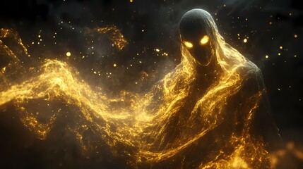 Wall Mural - glowing flying ghost surrounded by flying golden particles. halloween, spooky season.