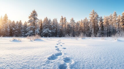 Wall Mural - A path of footprints leads through a snowy forest, with a bright blue sky and sun shining through the trees.