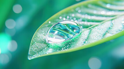 Wall Mural - a single droplet of water perched atop a leaf, with smaller droplets positioned on both its upper an