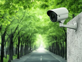 A modern surveillance camera mounted on a wall, overlooking a serene tree-lined road, ensuring security in a natural setting.