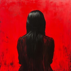 Wall Mural - A figure with long black hair facing away against a vivid red background, evoking emotion and intrigue.