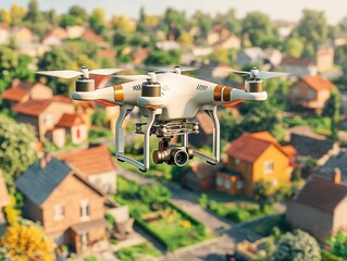 Drone security camera flying over a neighborhood, recording from above, 3D illustration