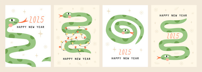 Wall Mural - card set with cute cartoon green snake. happy new year 2025. vector illustrations