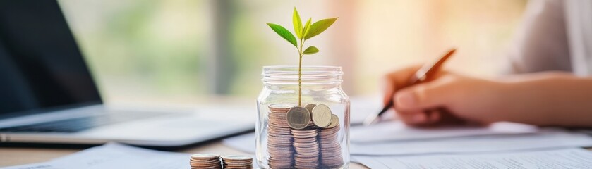 A growing plant in a jar of coins symbolizes financial growth and investment opportunities in today's economy.