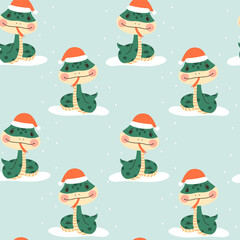 Wall Mural - seamless pattern with cute cartoon green snake. vector illustrations