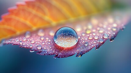 Poster - a detailed image of a droplet on a leaf, surrounded by yellow foliage