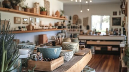 Wall Mural - Handmade Ceramic Bowls and Vases on a Rustic Wooden Table in a Cozy Shop