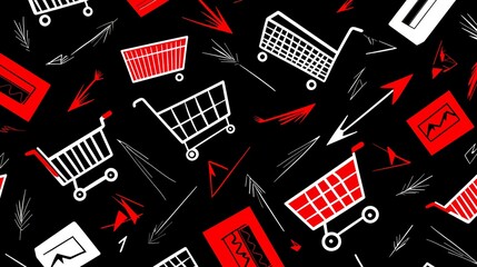 Energetic Black Friday pattern with bold arrows, shopping carts, and sale signs, designed for high-impact promotions