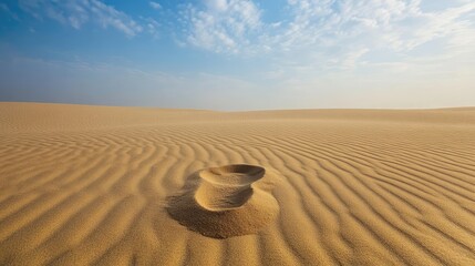 A single footprint in the desert sand, with the rest of the landscape smooth and untouched, creating a simple and quiet scene