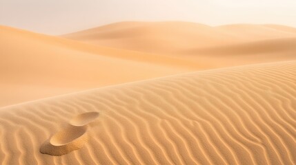 A single footprint in the desert sand, with the rest of the landscape smooth and untouched, creating a simple and quiet scene