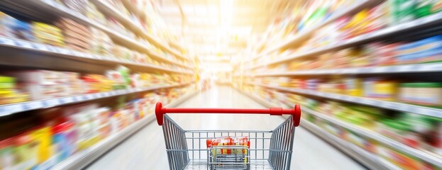 A shopping cart in a blurred grocery aisle filled with products.