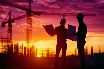 Silhouette of Workers at Construction Site at Sunset