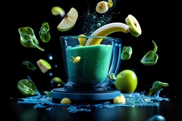 Poster - Digital 3D animation of a detox smoothie being made, with fruits like banana, apple, and spinach floating through the air and blending smoothly in a futuristic blender