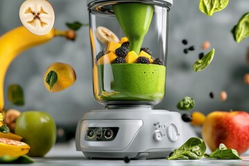 Poster - Digital 3D animation of a detox smoothie being made, with fruits like banana, apple, and spinach floating through the air and blending smoothly in a futuristic blender