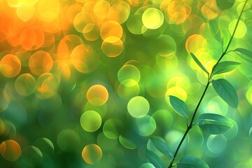 Wall Mural - Vibrant Bokeh Background with Green Leaves and Warm Tones