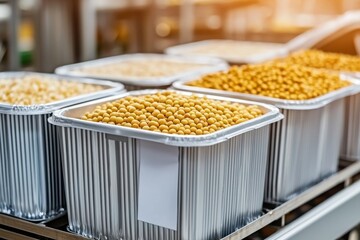 Containers filled with various pulses in a food processing facility, illuminated by warm light.