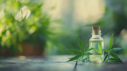 A small glass bottle of cannabis oil with a cork stopper sits on a wooden table with two cannabis leaves in front of it. The background is a blurred image of a cannabis plant.