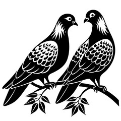 Two Pigeon sits face to face on a tree branch vector illustration