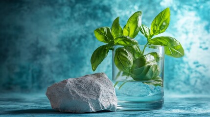 Sticker - A sprig of fresh basil in a glass of water with a large white rock on a teal background.