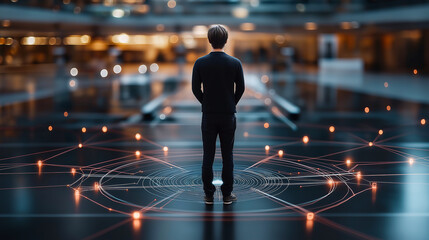person standing in center of digital array, surrounded by glowing lights and patterns, evokes sense of wonder and exploration in modern environment