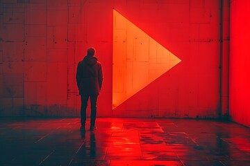 Canvas Print - A Solitary Figure Contemplates a Bold Red Triangle in an Urban Setting