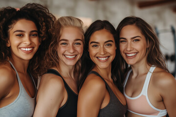 Group of happy young female in fitness. Beauty body and healthy lifestyle concept