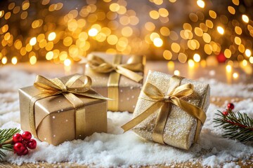 Canvas Print - christmas presents with golden ribbons on snow with warm lights