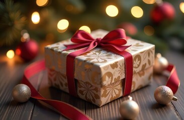 beautifully wrapped gift box with a blurred festive background