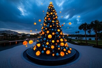 Poster - Enchanted Christmas tree, where ornaments float around the tree, glowing softly and creating magical light patterns, with a mystical aura surrounding the tree