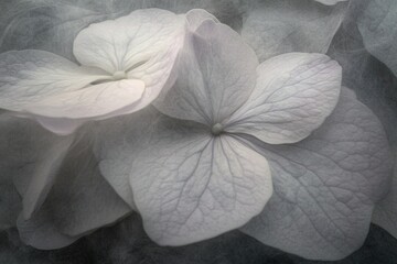 Poster - Delicate White Hydrangea Petals Display Intricate Textures in Natural Light