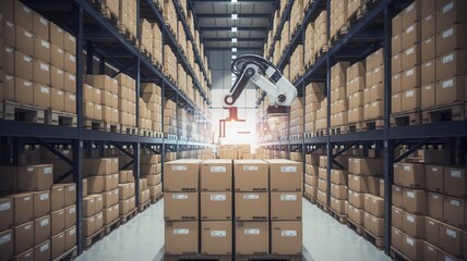 Modern Warehouse Interior with Neatly Stacked Boxes