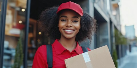 Smiling Woman in Red Cap and Uniform Delivering Package