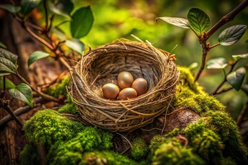 Detailed Drawing of a Bird's Nest Surrounded by Natural Elements and Textured Backgrounds