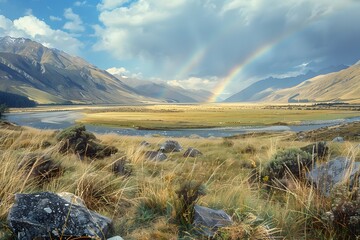 Wall Mural - Breathtaking Landscape with Rainbow Over Rolling Hills and River