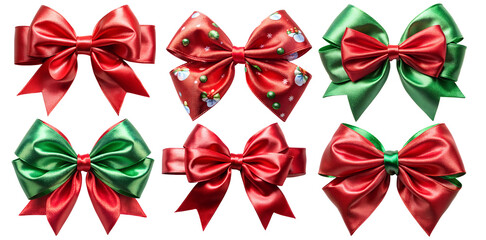 Wall Mural - Christmas Satin Red and Green Ribbons with Bows Isolated on White Transparent Background, PNG Element
