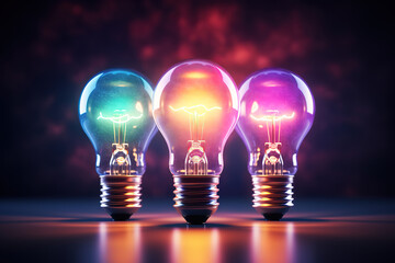 Attractive Colorful lights of light bulbs emitting light of various colors on a dark background