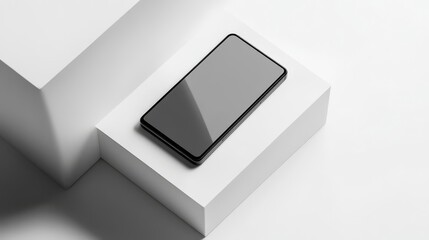 Minimalistic smartphone design displayed on geometric white blocks portraying modern technology and sleek aesthetics in monochrome.