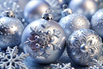 Wall Mural - silver christmas ornaments with snowflake design sparkling and festive