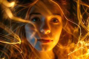 Sticker - Ethereal Portrait with Glowing Light Trails Surrounding a Young Woman