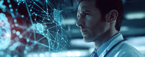 Poster - Innovative doctor analyzing futuristic data with stethoscope, immersed in advanced technology and medical research