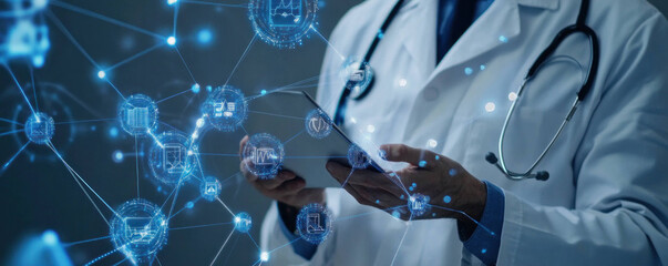 Poster - Healthcare professional analyzing patient data with digital interface