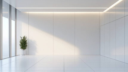 Aufkleber - modern clean room with white tile floor and ceiling, featuring large windows that allow natural light to illuminate space. potted plant adds touch of greenery