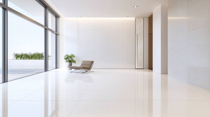 Aufkleber - serene room with clean white tile floor, large windows, and modern chair creates tranquil atmosphere. natural light enhances minimalist design, inviting relaxation