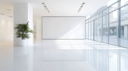 Aufkleber - Bright and clean interior with white tile floor, featuring large windows that allow natural light to fill space. potted plant adds touch of greenery to minimalist design