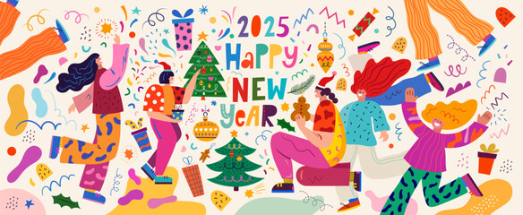 Wall Mural - 2025 happy new year.. 2025 vector illustration with funny people characters. new year holiday decora